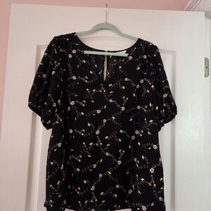 LC Lauren Conrad Black Floral Puff Sleeve Blouse